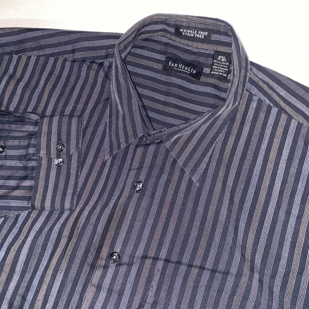 Van Heusen Mens XXL Long Sleeve Striped Button Down Shirt Navy Blue Wrinkle Free